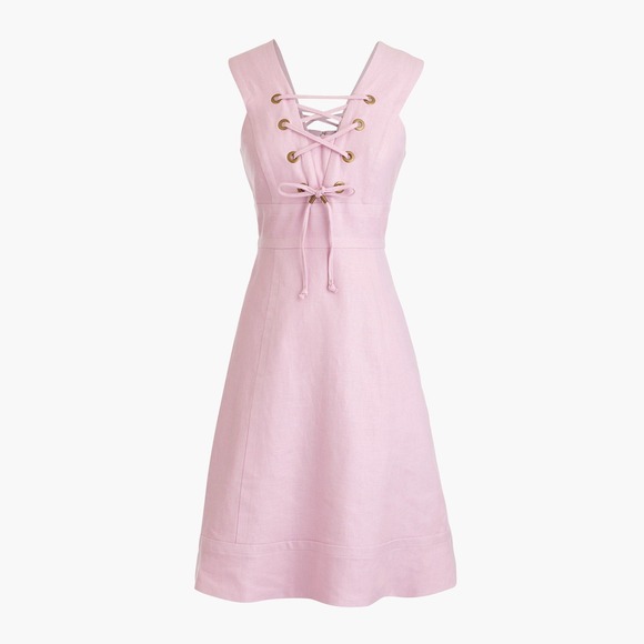 J. Crew Pink Linen Lace Up Sleeveless Midi Dress Pink Women's Size 12 - Picture 1 of 11